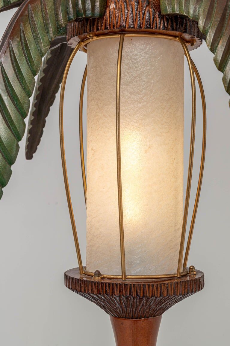 Palm floor lamp carved hand in wood and skin 1970s
