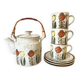 Stoneware teapot and its 3 cups, 1970s