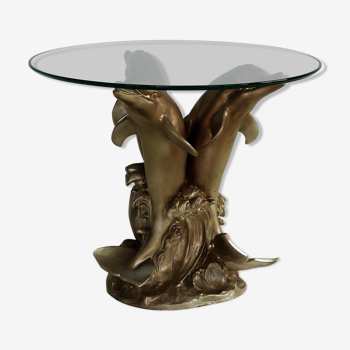 Vintage dolphin sidetable in gold with glass top