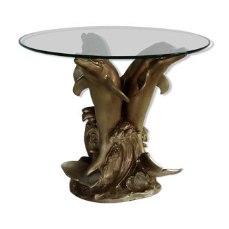 Dauphin vintage sidetable en or avec plateau en verre