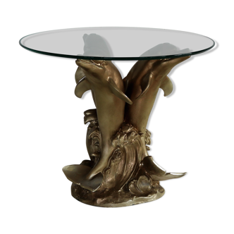 Vintage dolphin sidetable in gold with glass top