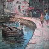 Seascape, seen from the port - Large oil on canvas (with a knife), signed R. Danford, framed