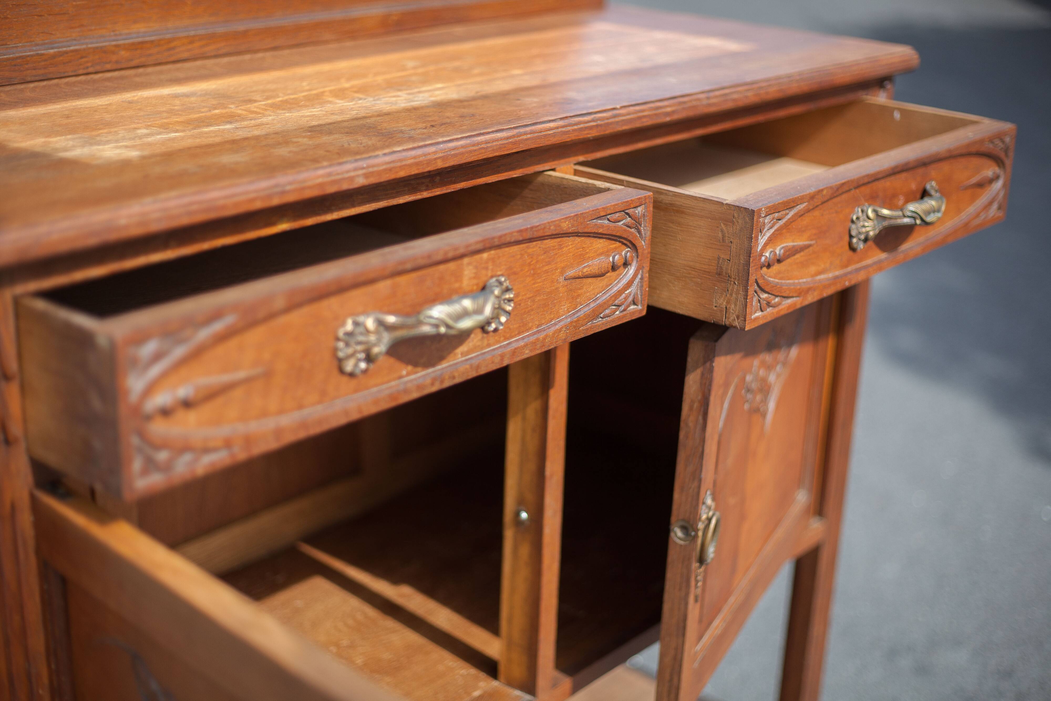 Buffet desserte bois vintage, meuble avec miroir, meuble de rangement