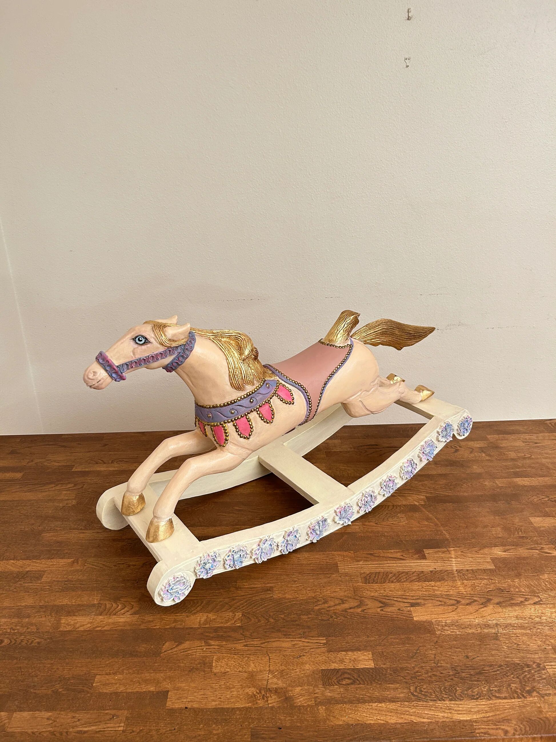 Hand-painted antique rocking horse – pastel nursery decor, heirloom toy