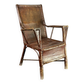 Fauteuil en rotin en faux cuir et toile cirée de style wabi-sabi, art déco colonial, années 1920.
