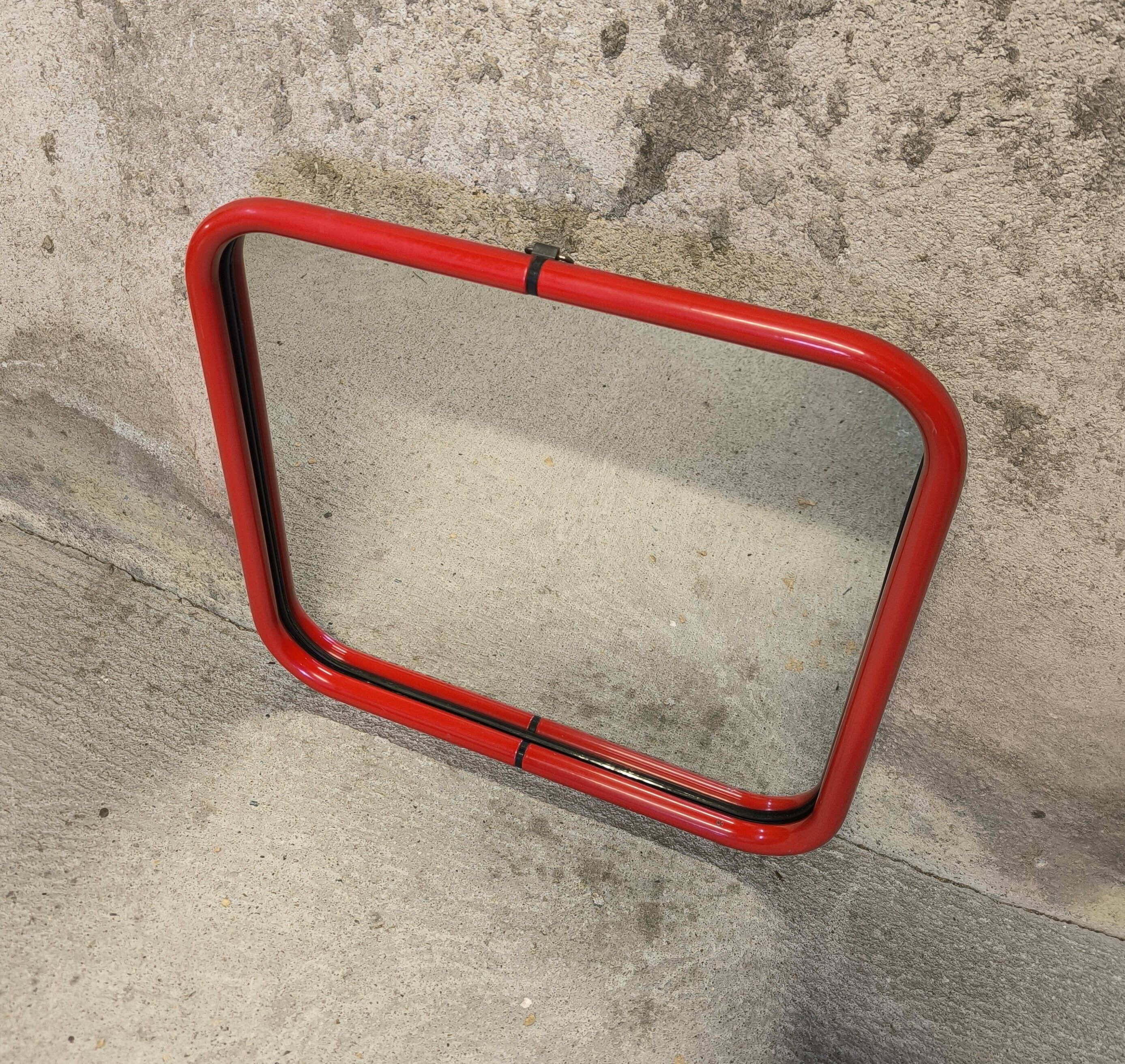 Vintage post-modern lacquered red metal mirror