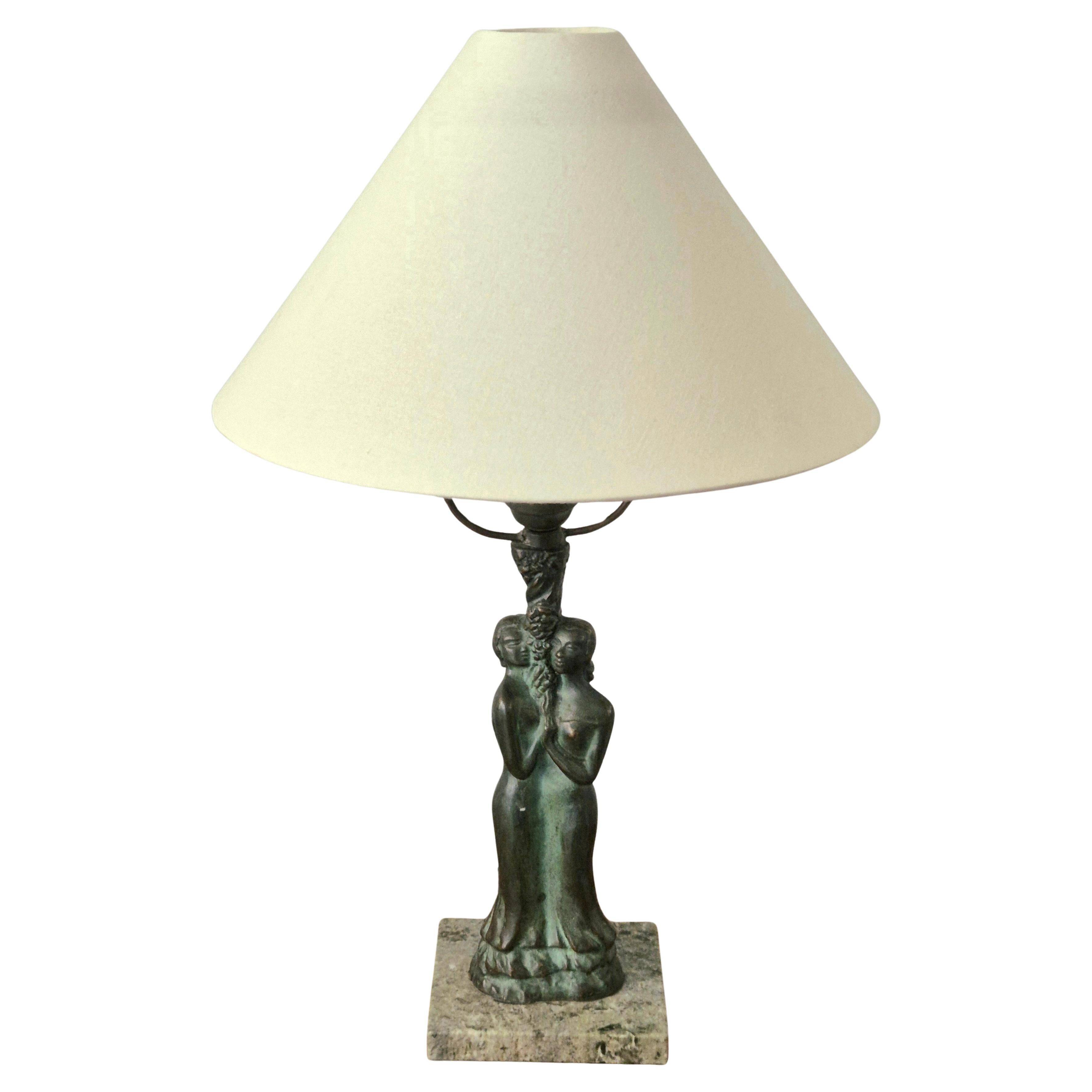 Bronze Table Lamp with Green Marble Base, Scandinavian Greene & Greene 1920/30s