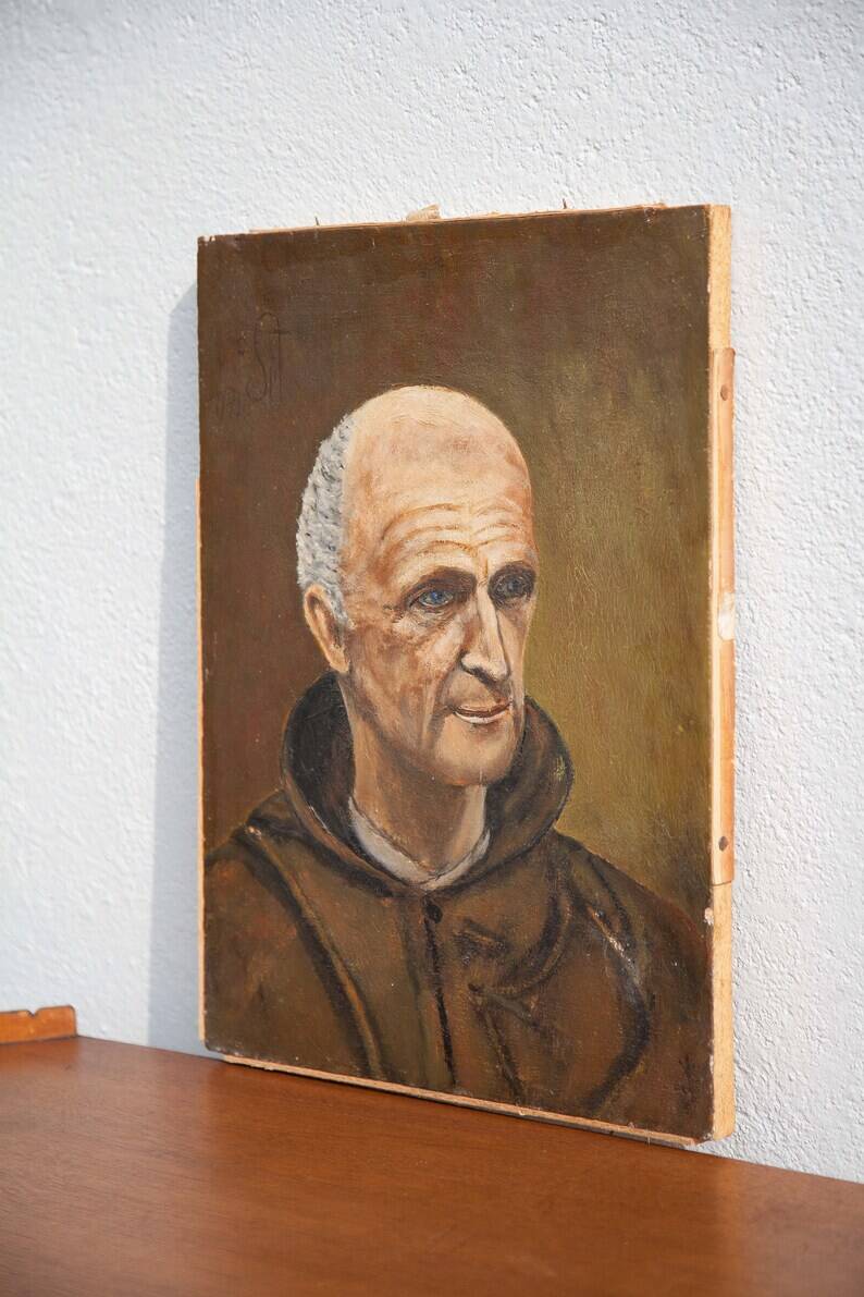 peinture vintage,peinture à l'huile, portrait moine, portrait homme, décoration mural, home decor