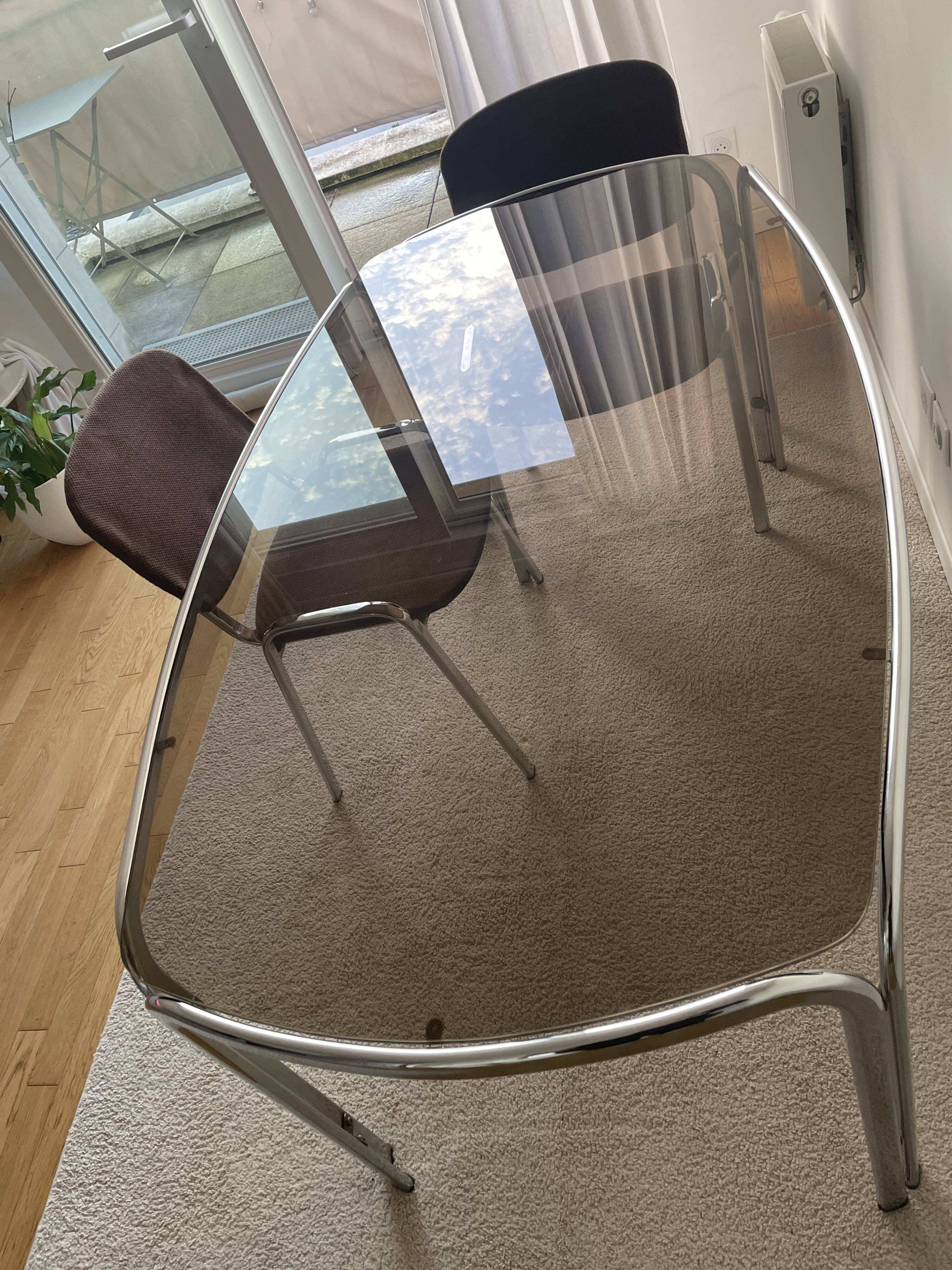Space age dining table in smoked glass & chrome