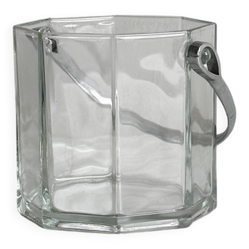Clear glass ice bucket with chrome handle