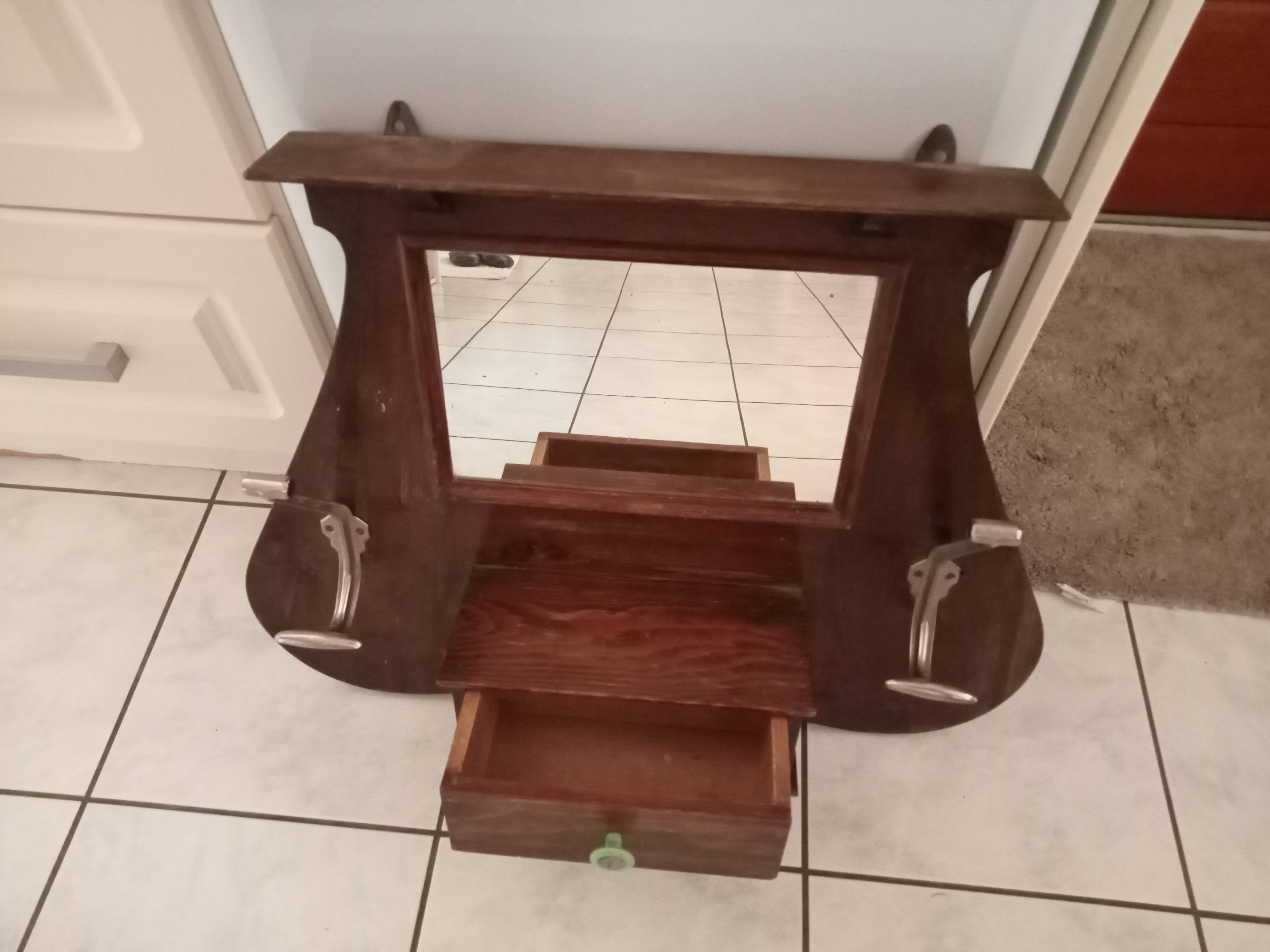 Ancien porte manteau murale / 2 pateres / 1 miroir / tiroir