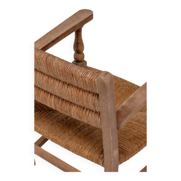 Paire de fauteuils rustiques français en chêne et jonc, années 1950