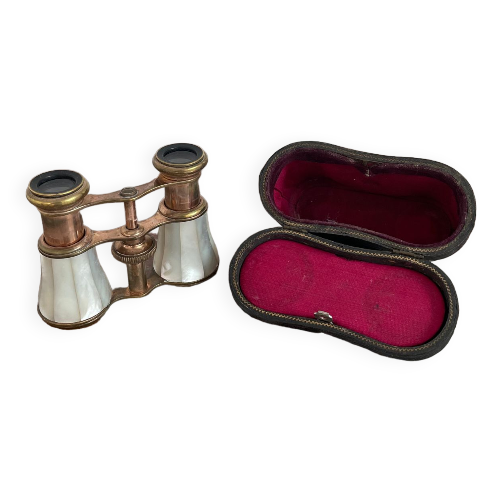 Pair of binoculars, theater, opera, mother-of-pearl, gilded brass, early twentieth century, curiosity object, showcase