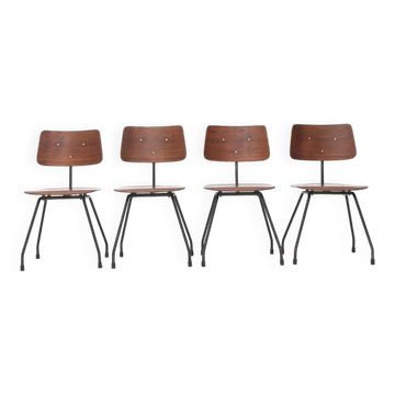 Curved plywood and metal chair, 1950s, set of 4