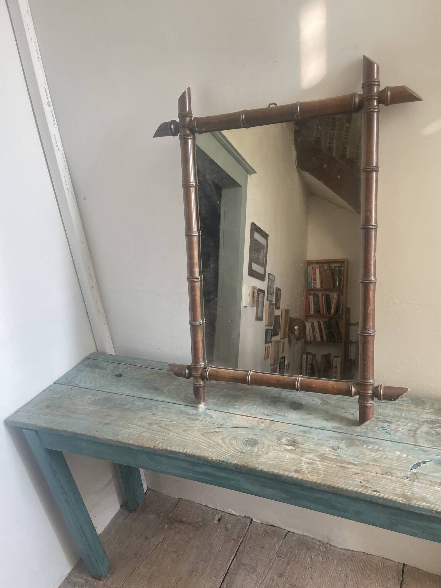 Large barber mirror from the 1940s/50s made of turned wood in a bamboo style.