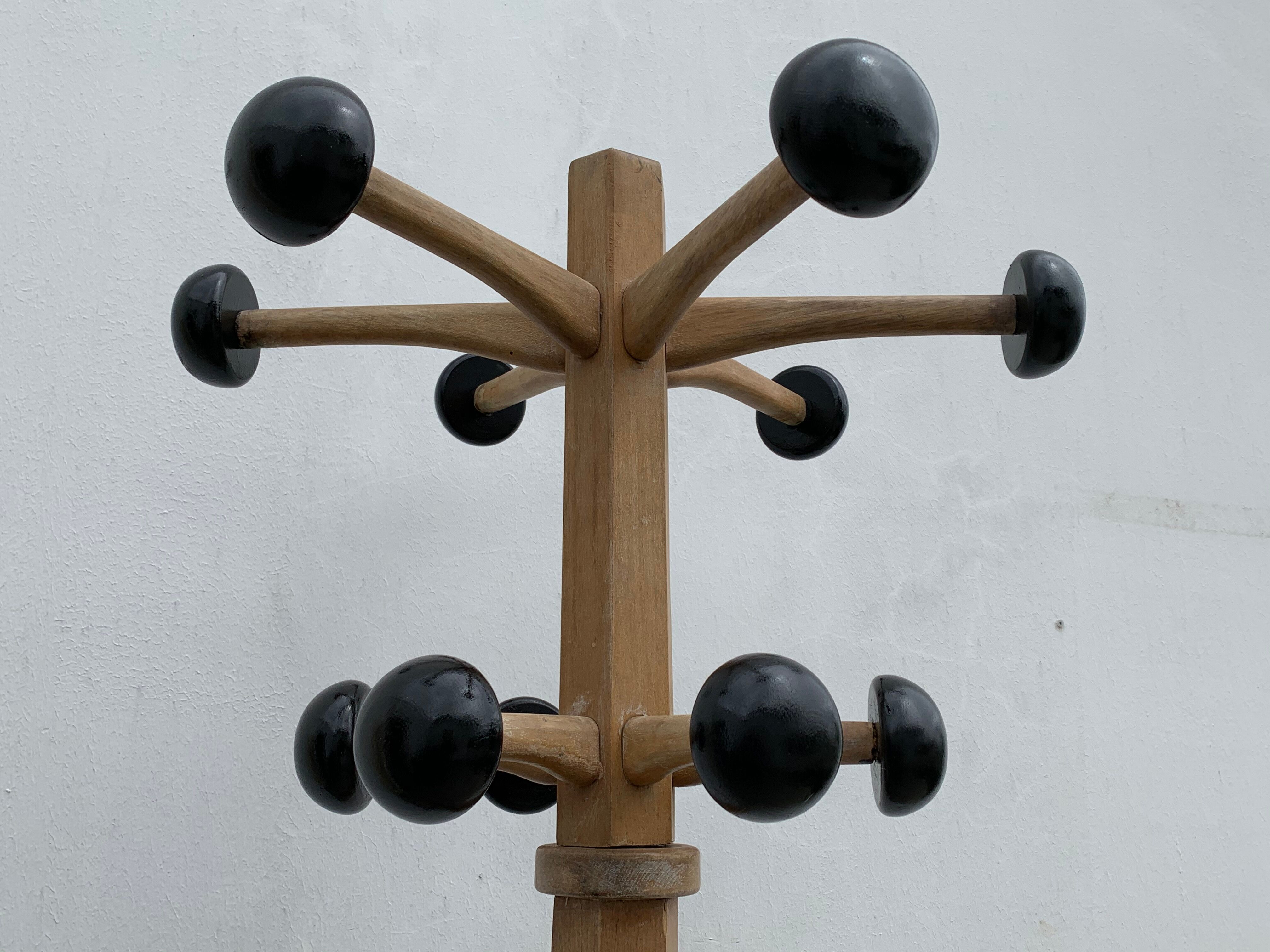 Portemanteau parrot wood tripod 12 black balls Stella 1960