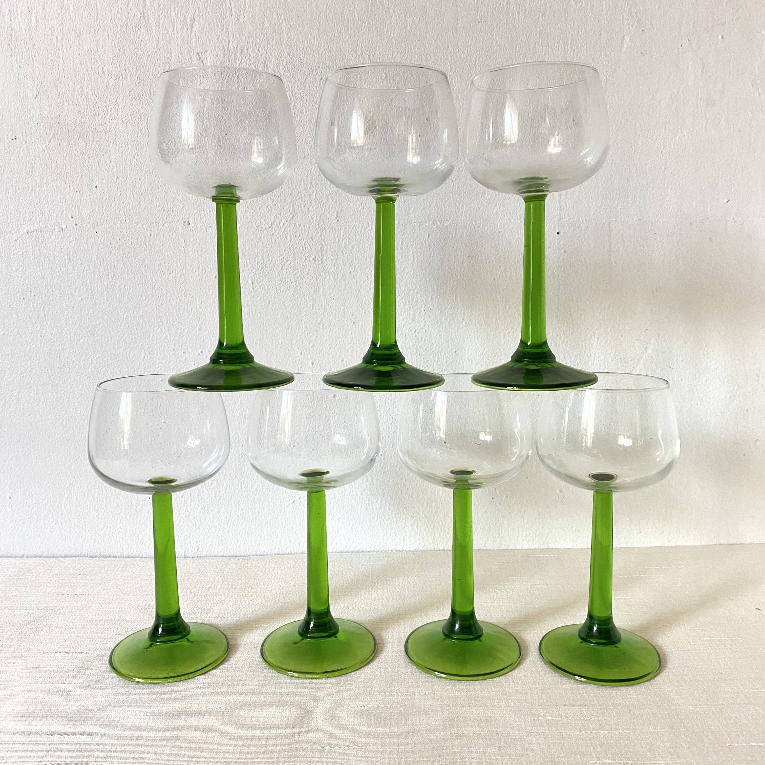 Vintage stemmed glasses, green or amber stem
