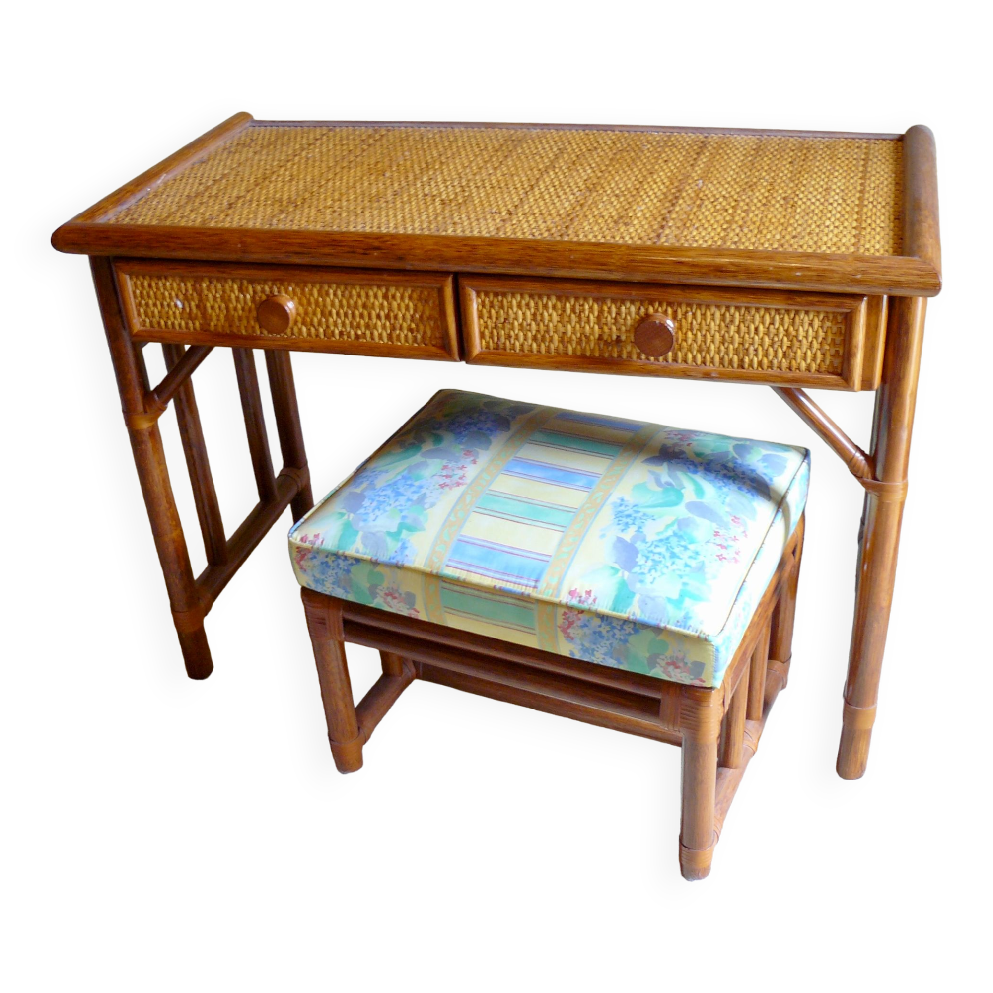 Dressing table and its bamboo and rattan seat Roche Bobois Maugrion vintage 1970-80