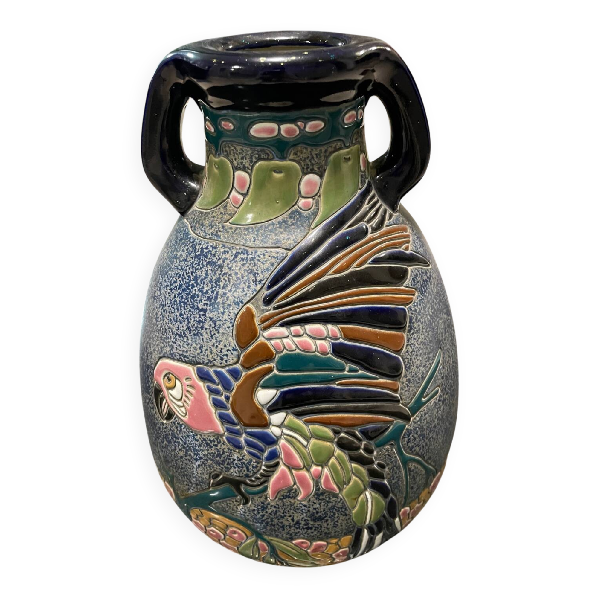 Large relief vase with parrot design