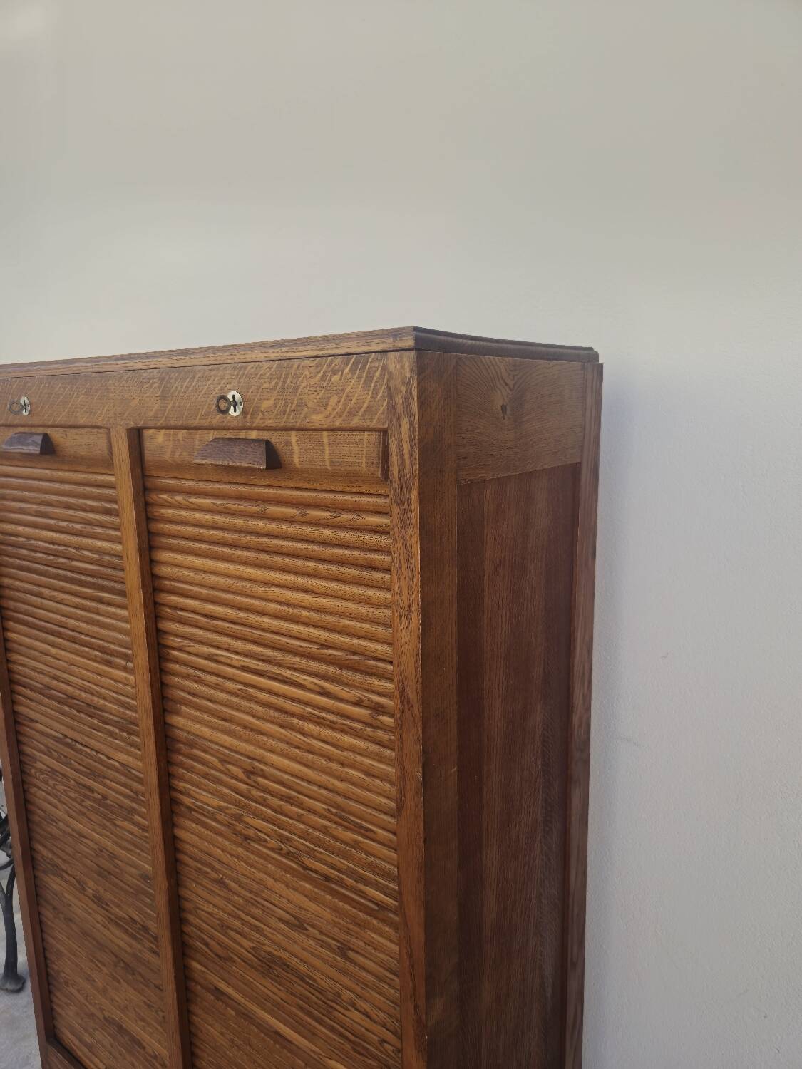 Antique 1950s double sliding door filing cabinet with curtains