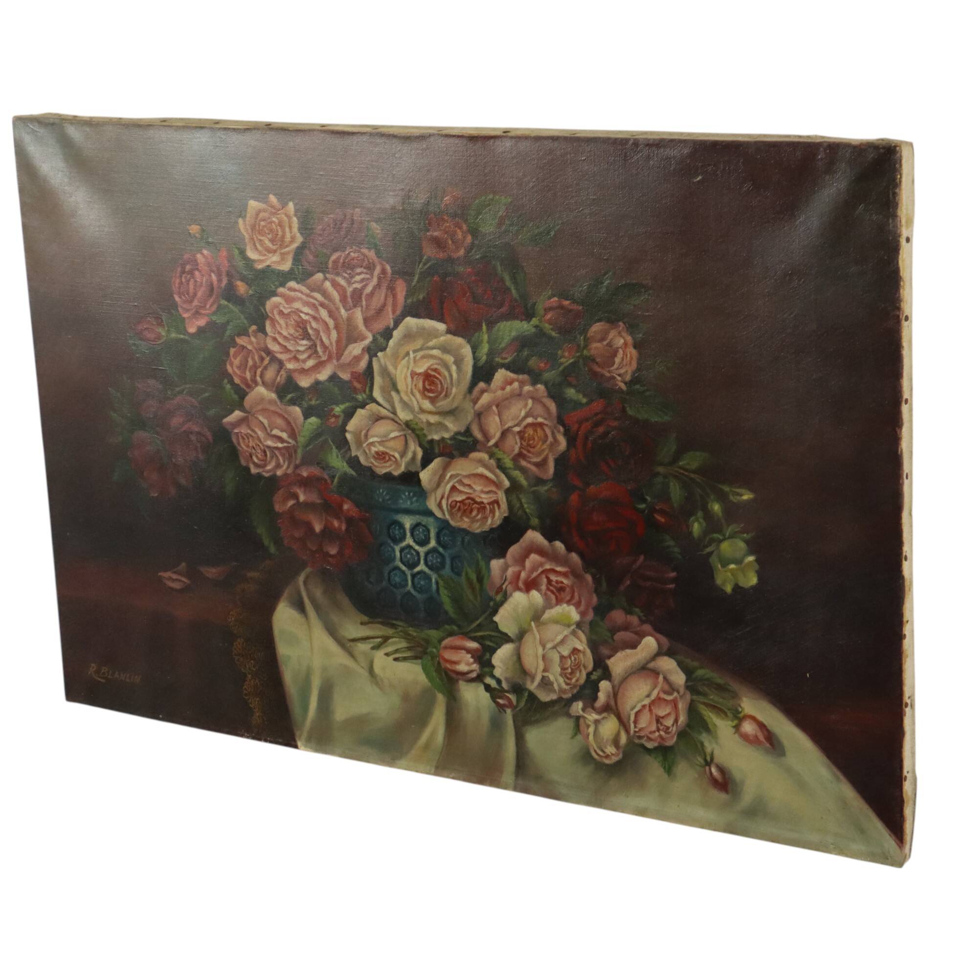 Large Floral Still Life Painting Roses Bouquet Signed R. Blanlin