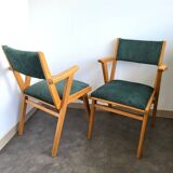 2 fauteuils bridge en bois et velours vert, 1960