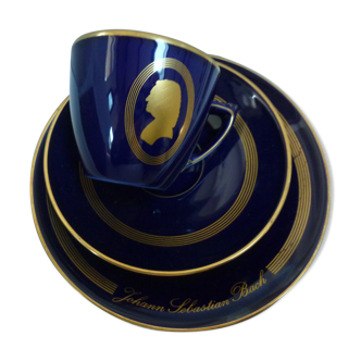 Cup and under cup and saucer danish porcelain blue and gold pattern: BACH