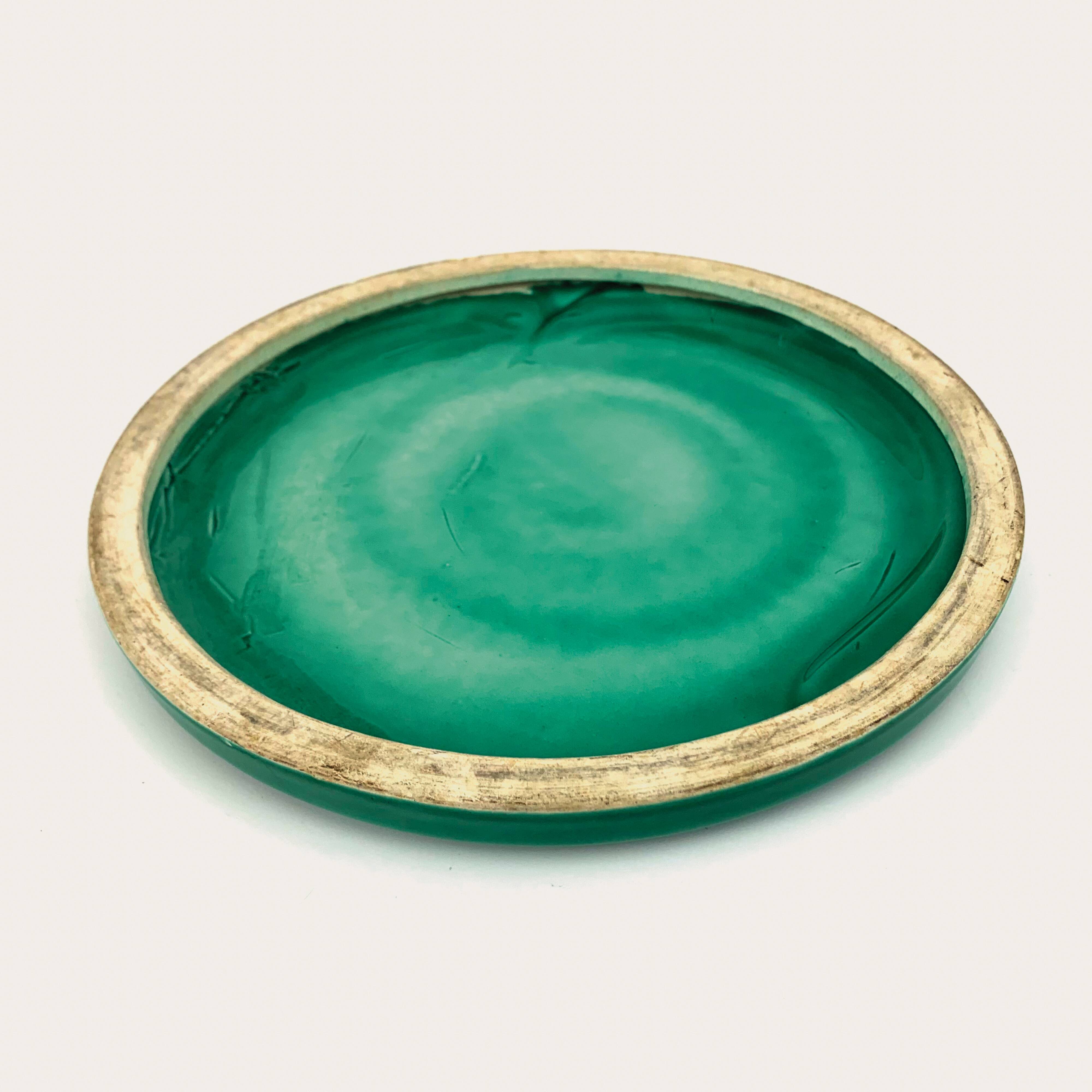 Leaf relief trivet or wall decoration in green varnished ceramic