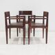Set of six Italian wooden dining chairs in dark brown faux leather.
