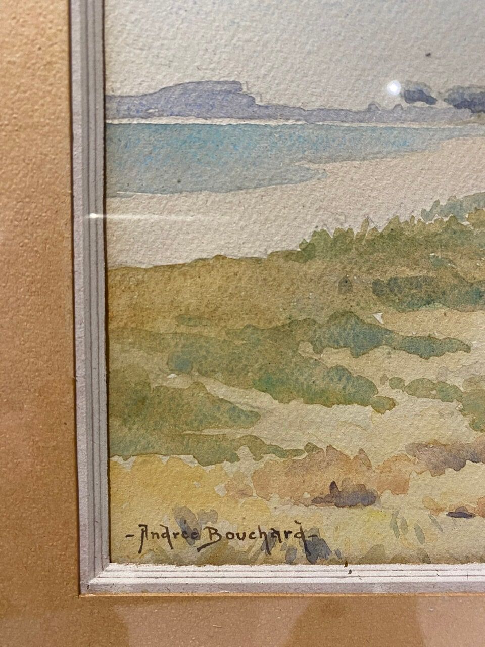 Old painting, landscape, signed Andrée Bouchard, 1950s