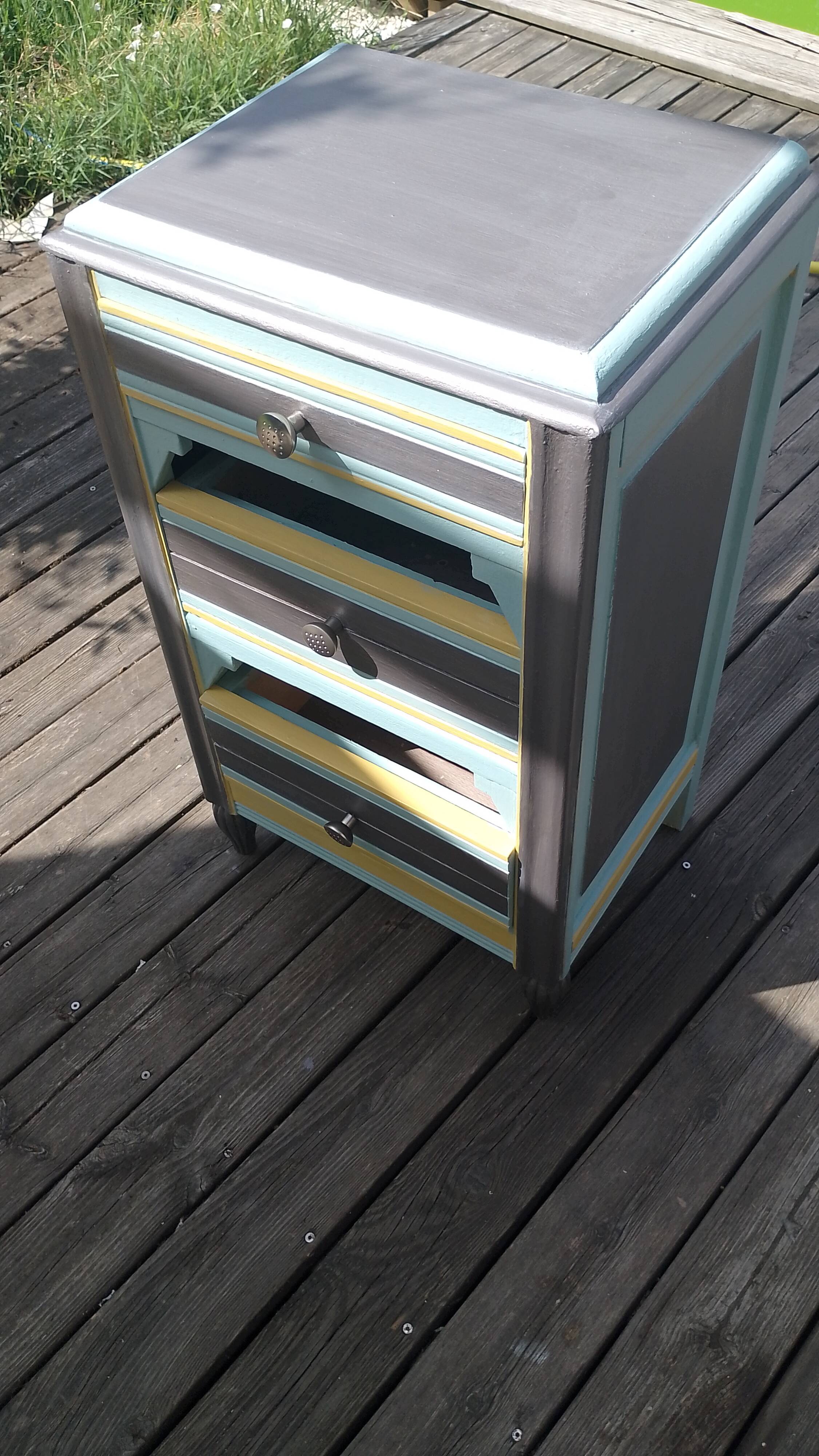 Meuble d appoint, commode 3 tiroirs, en bois, rénovée vintage