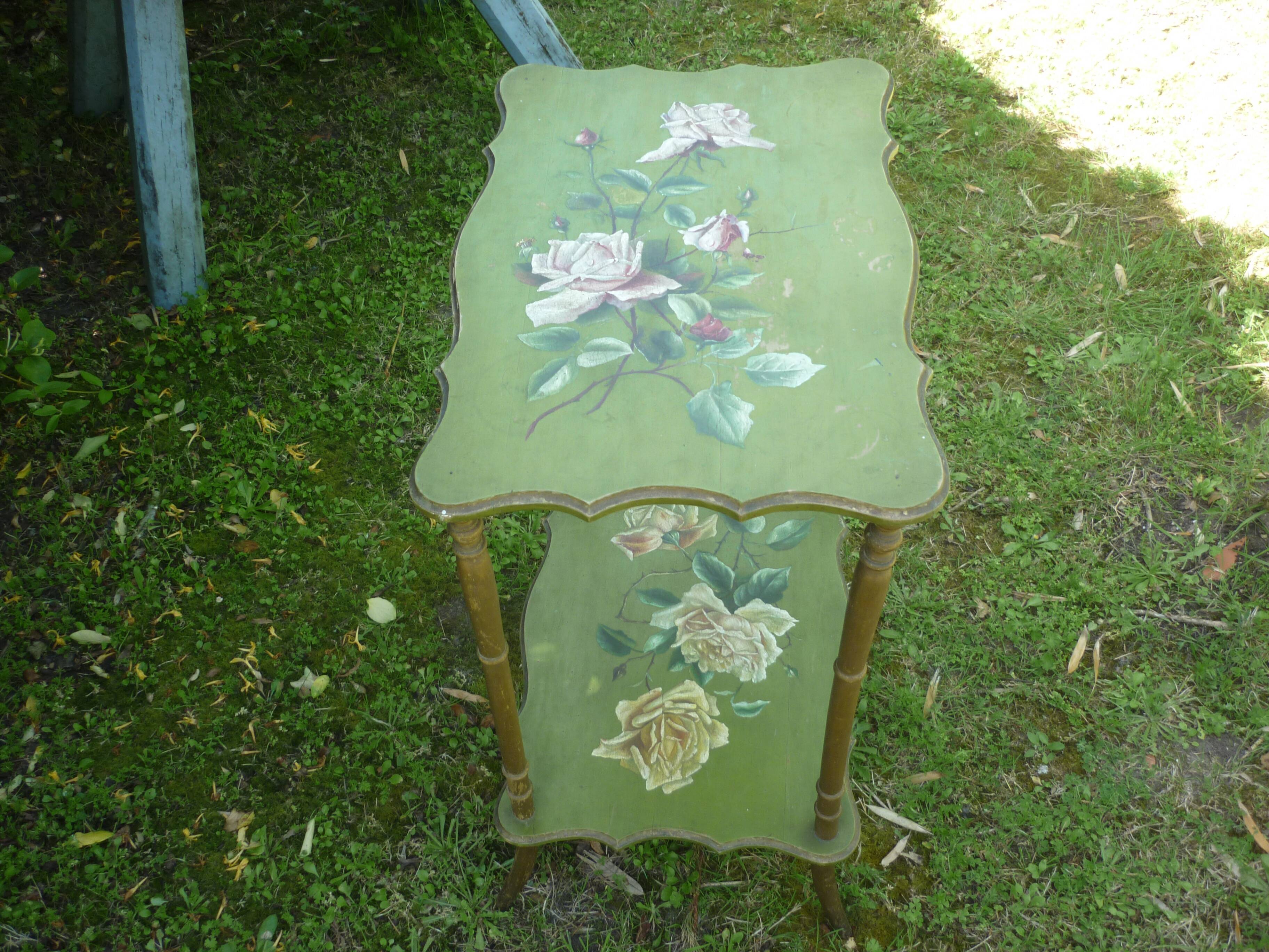wooden side table painted flowers