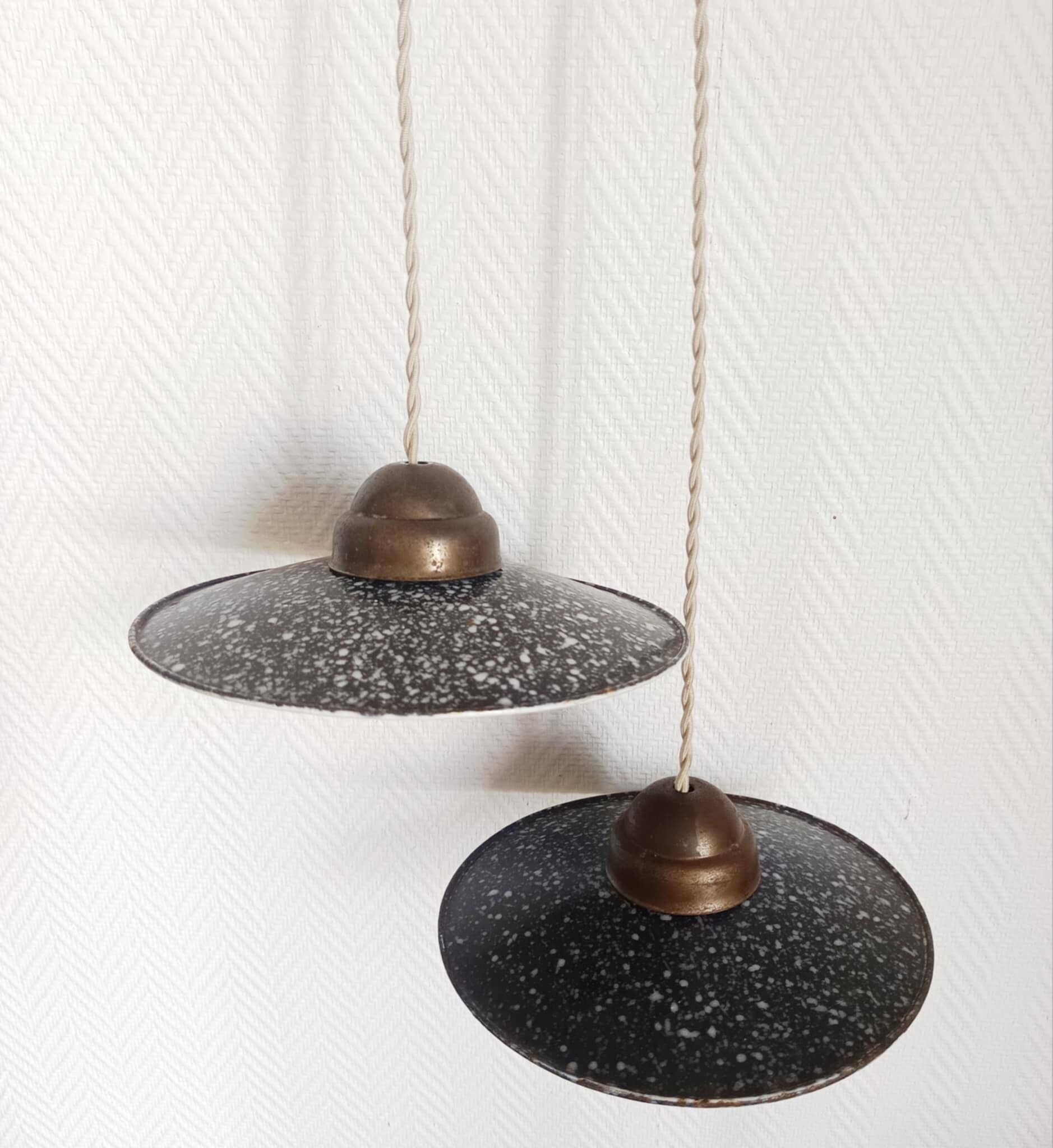 Pair of vintage enamelled sheet metal industrial pendant lights
