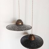 Pair of vintage enamelled sheet metal industrial pendant lights