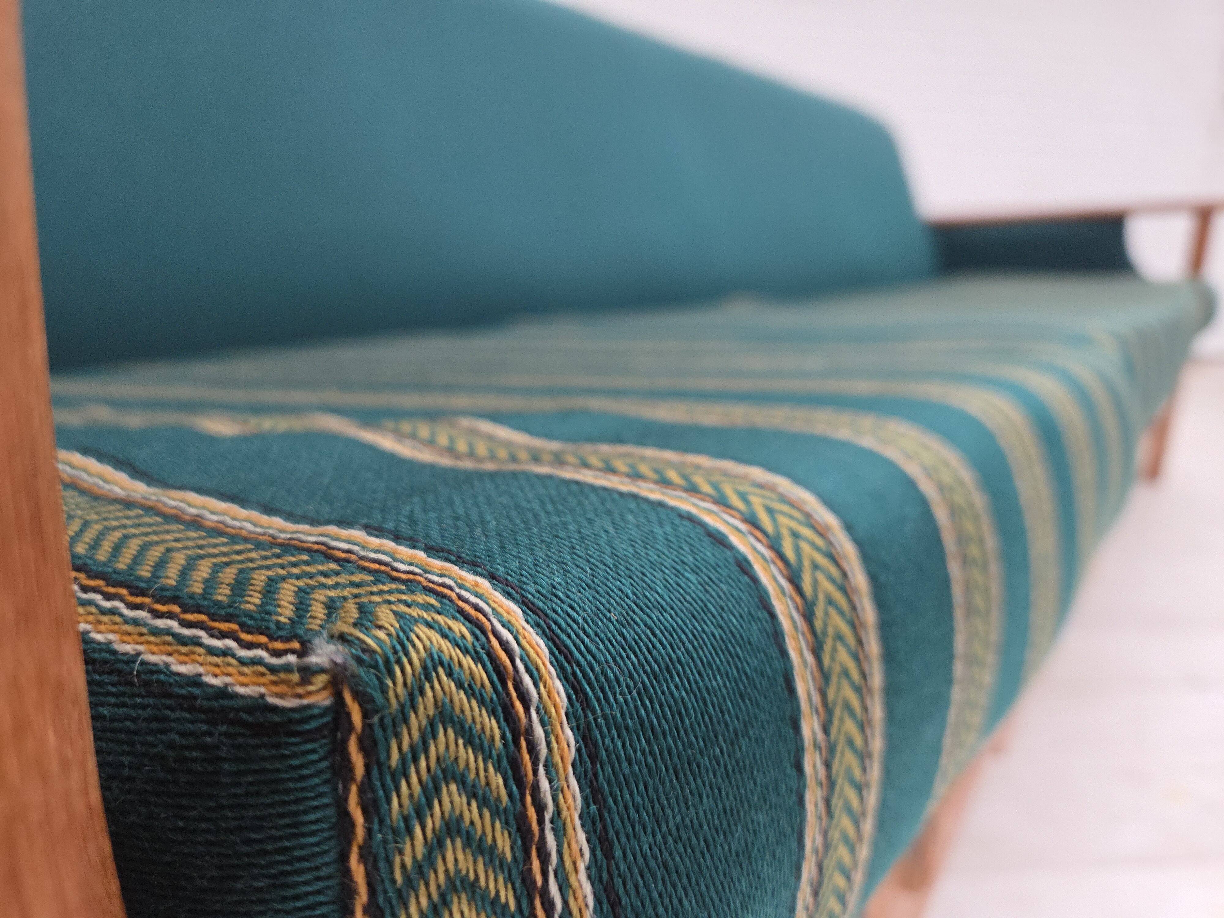 1970s, Danish 4-seater sofa, furniture wool, solid oak wood.