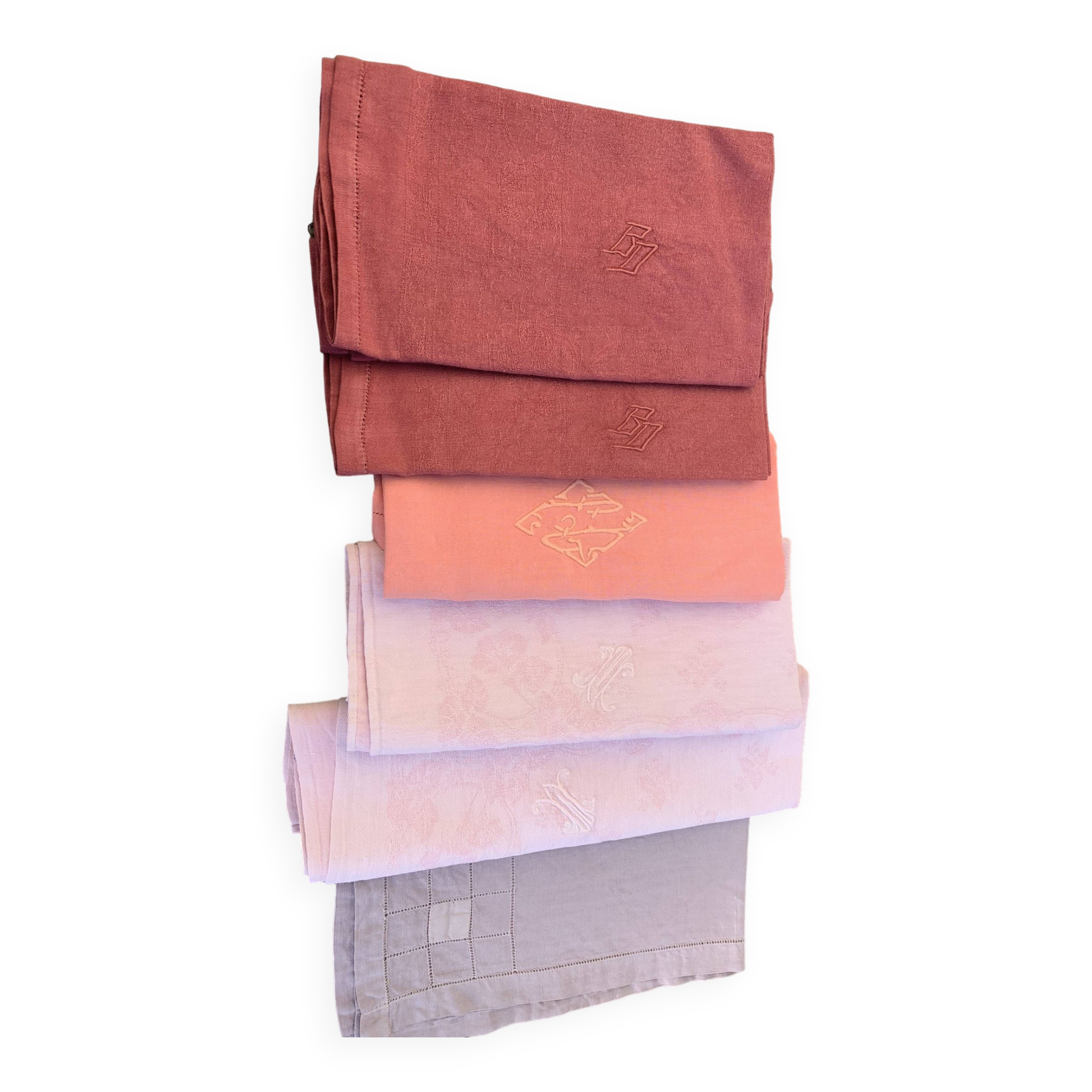 6 large dyed cotton napkins, shades of pink, embroidered and monograms, old, linen