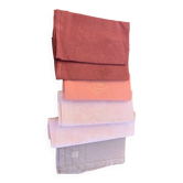 6 grandes serviettes en coton teintées, nuances de rose, brodées et monogrammes, anciennes, en lin