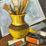 HST/P Painting "Pot with Brushes" Germaine CLAUDOT (1903-1996) Cubism Workshop