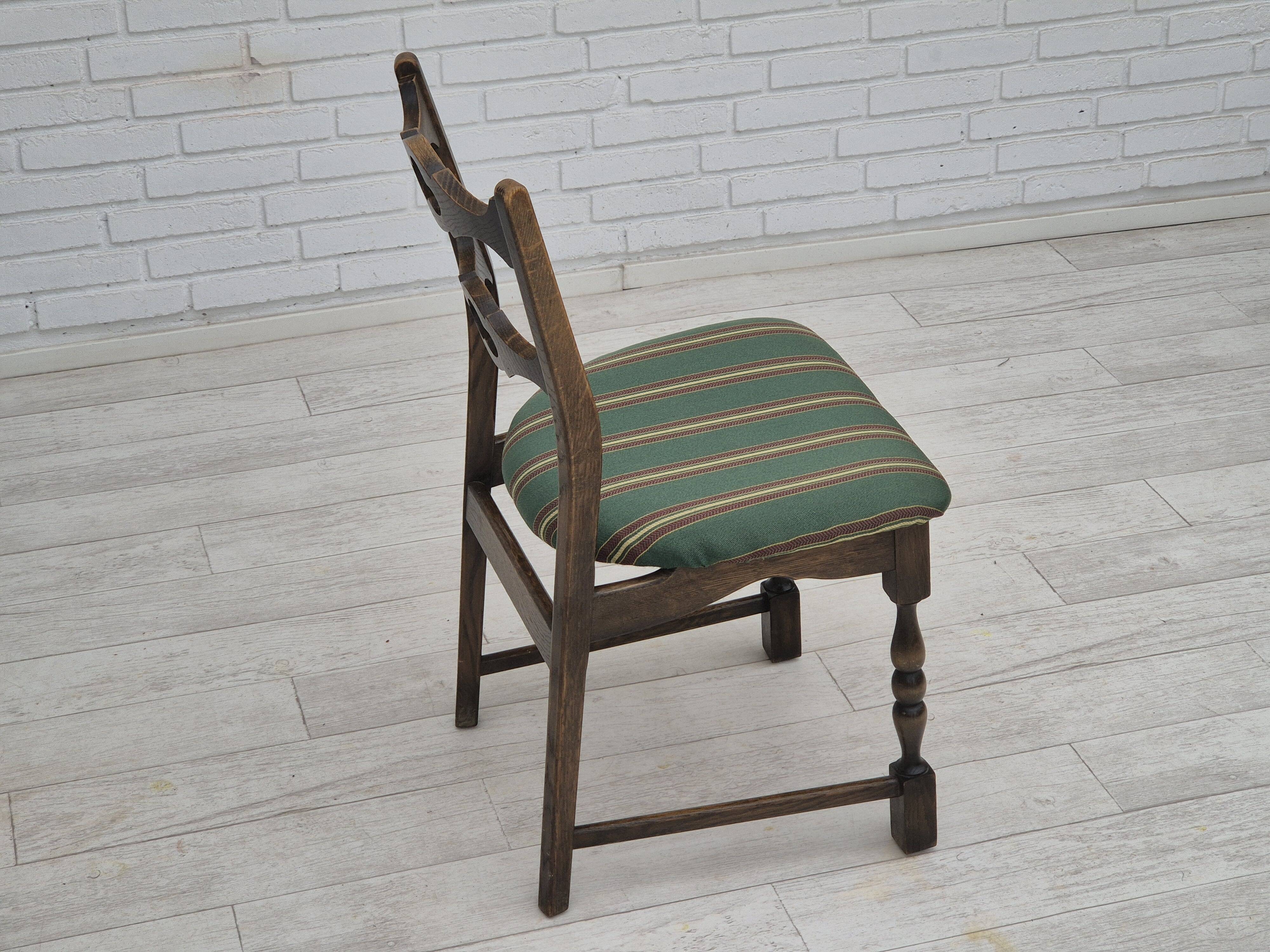 1970s, set of 4 Danish dining chairs, original condition, dark oak wood, furniture wool fabric.