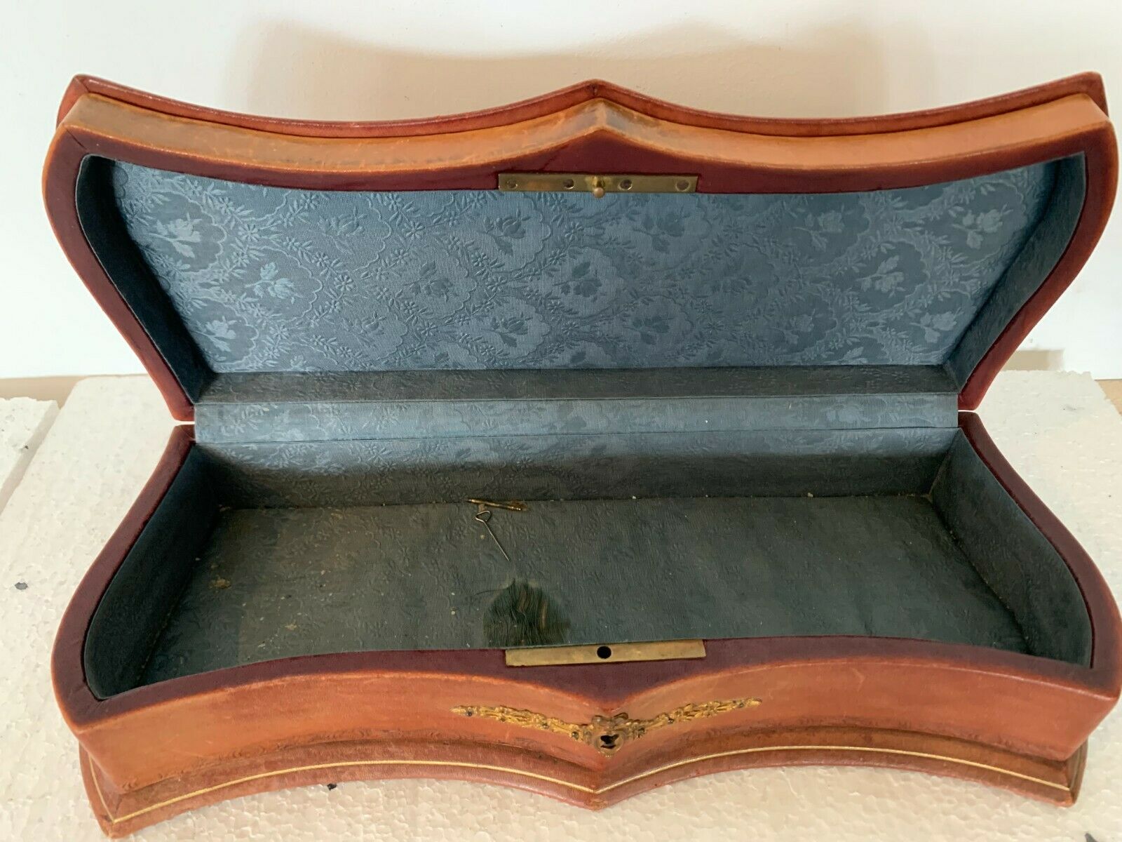 20th century leather jewelry and brass ornamentation box