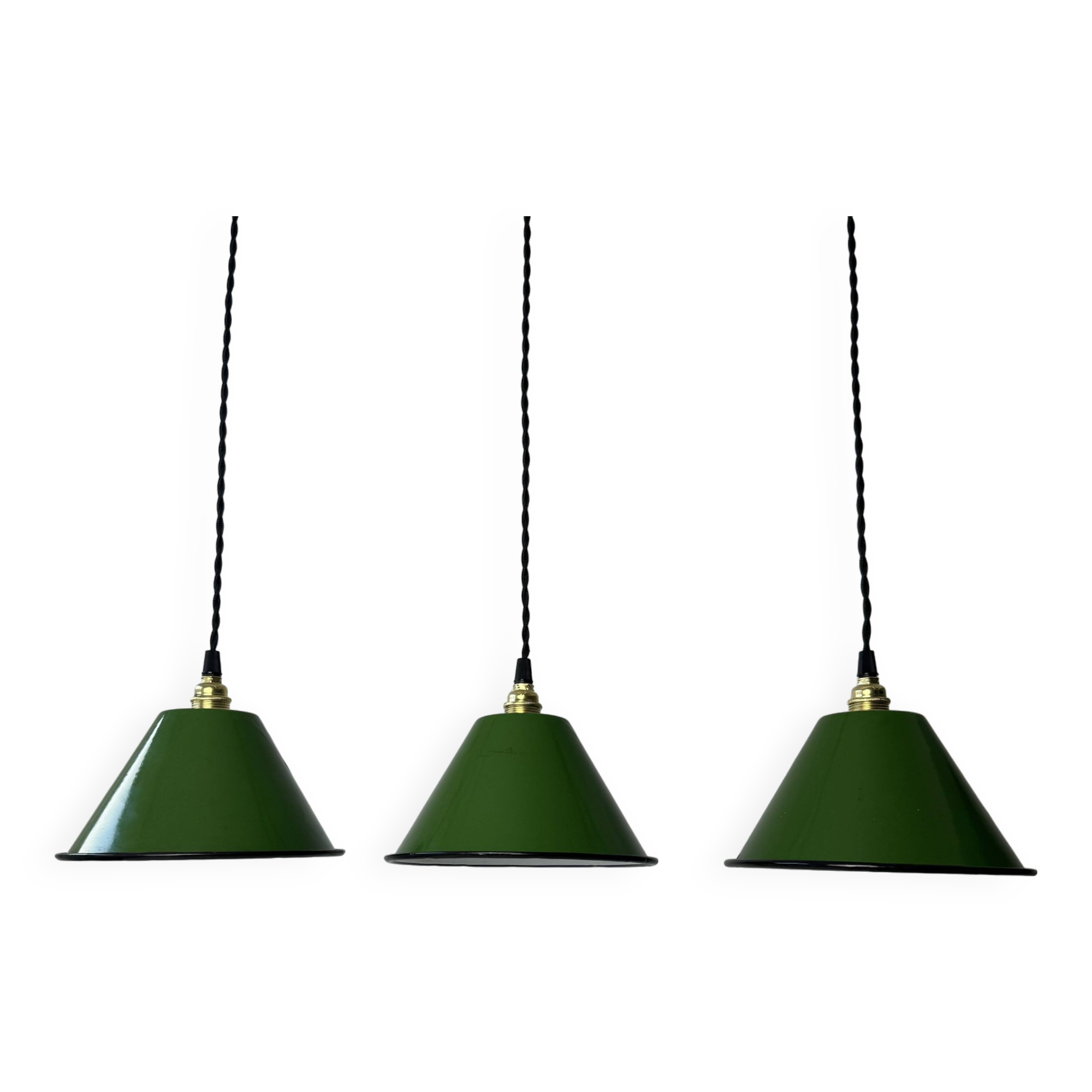Set of 3 enamelled conical industrial pendants