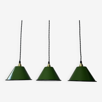 Set of 3 enamelled conical industrial pendants