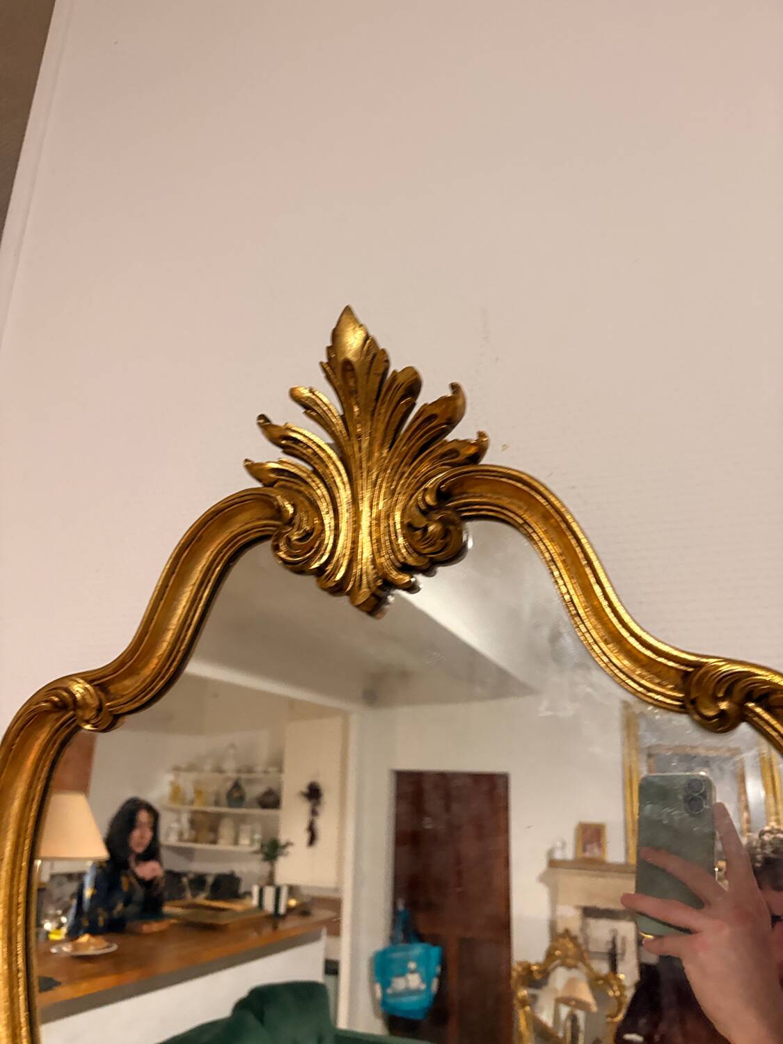 Antique Oval Wall Mirror Gold Leaf Wood Louis XV Style Pediment