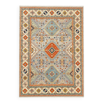 Modern Hand-Knotted Wool Area Rug for Living Room, Blue Geometric Medallion Design Carpet