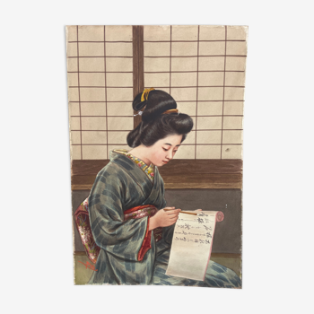 Tableau peinture ancienne japonaise geisha en kimono ryoko