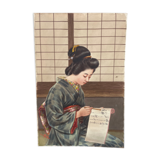 Painting ancient Japanese geisha painting in Ryoko kimono