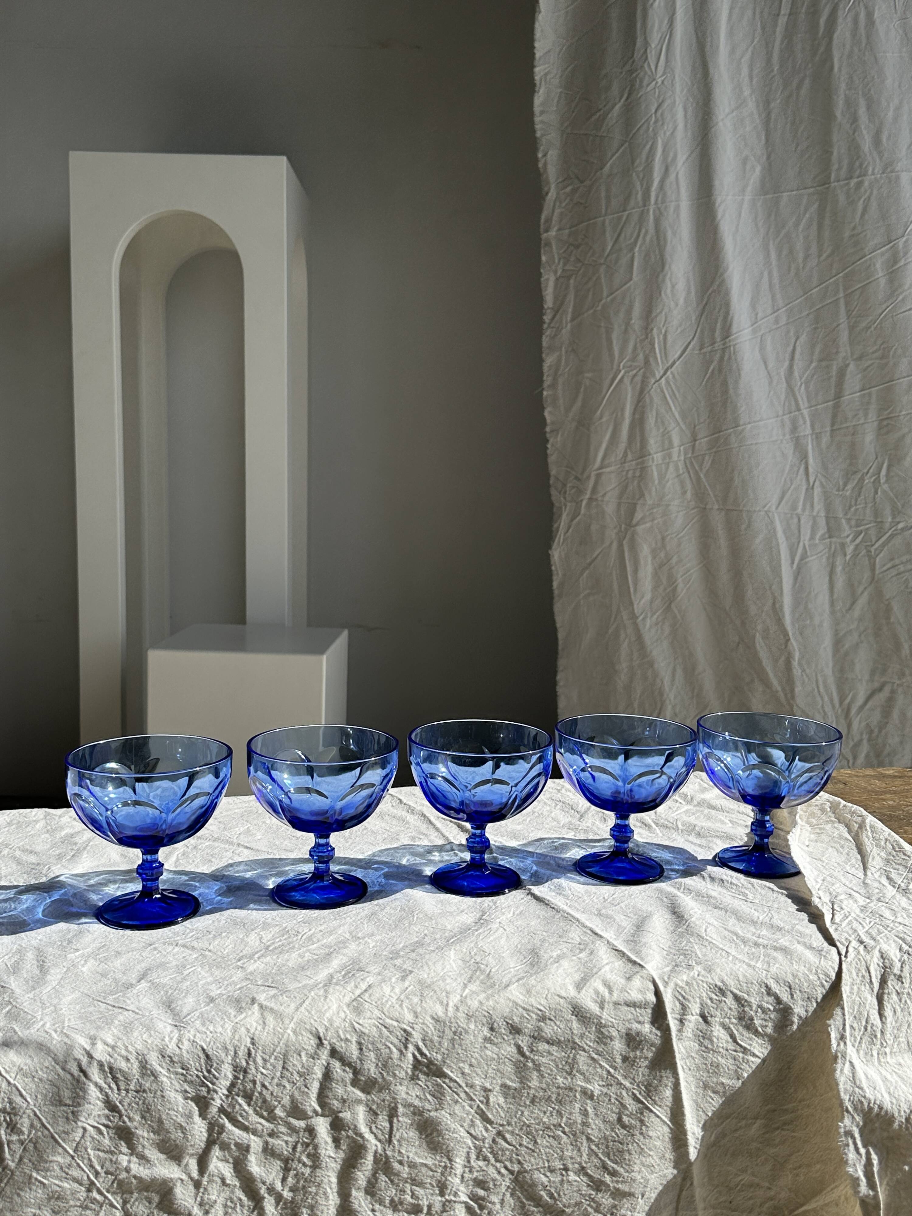 5 blue glass stemmed ice cream bowls
