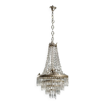 Lustre ancien en forme de ballon en métal argenté et verre, XXe siècle