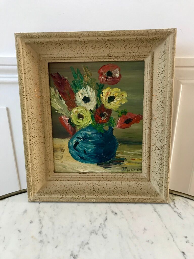 Painting still life bouquet flowers framed 50s