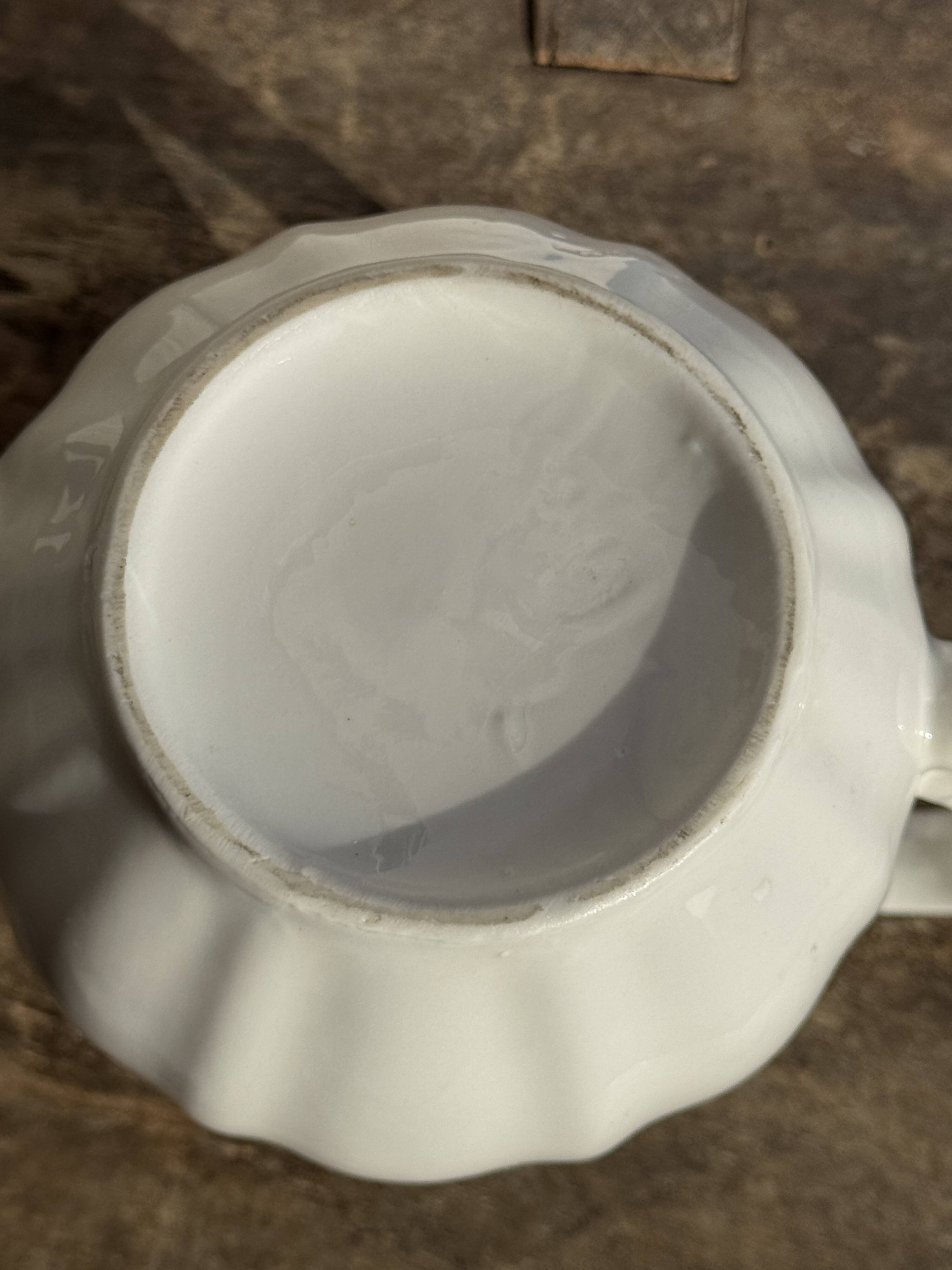White earthenware teapot with blue and silver trim H22.5